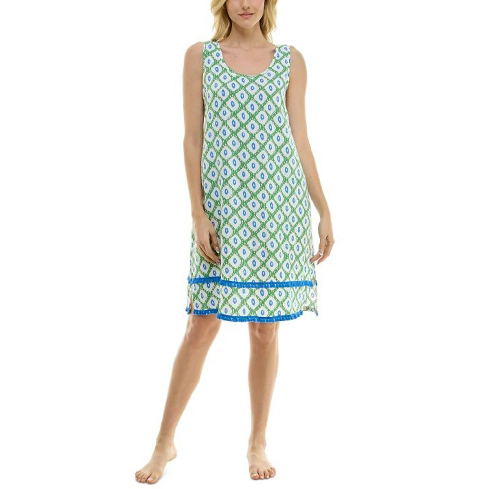 Roudelain Women's White, Green & Blue Printed Tassel-Trim Tank Nightgown NWT